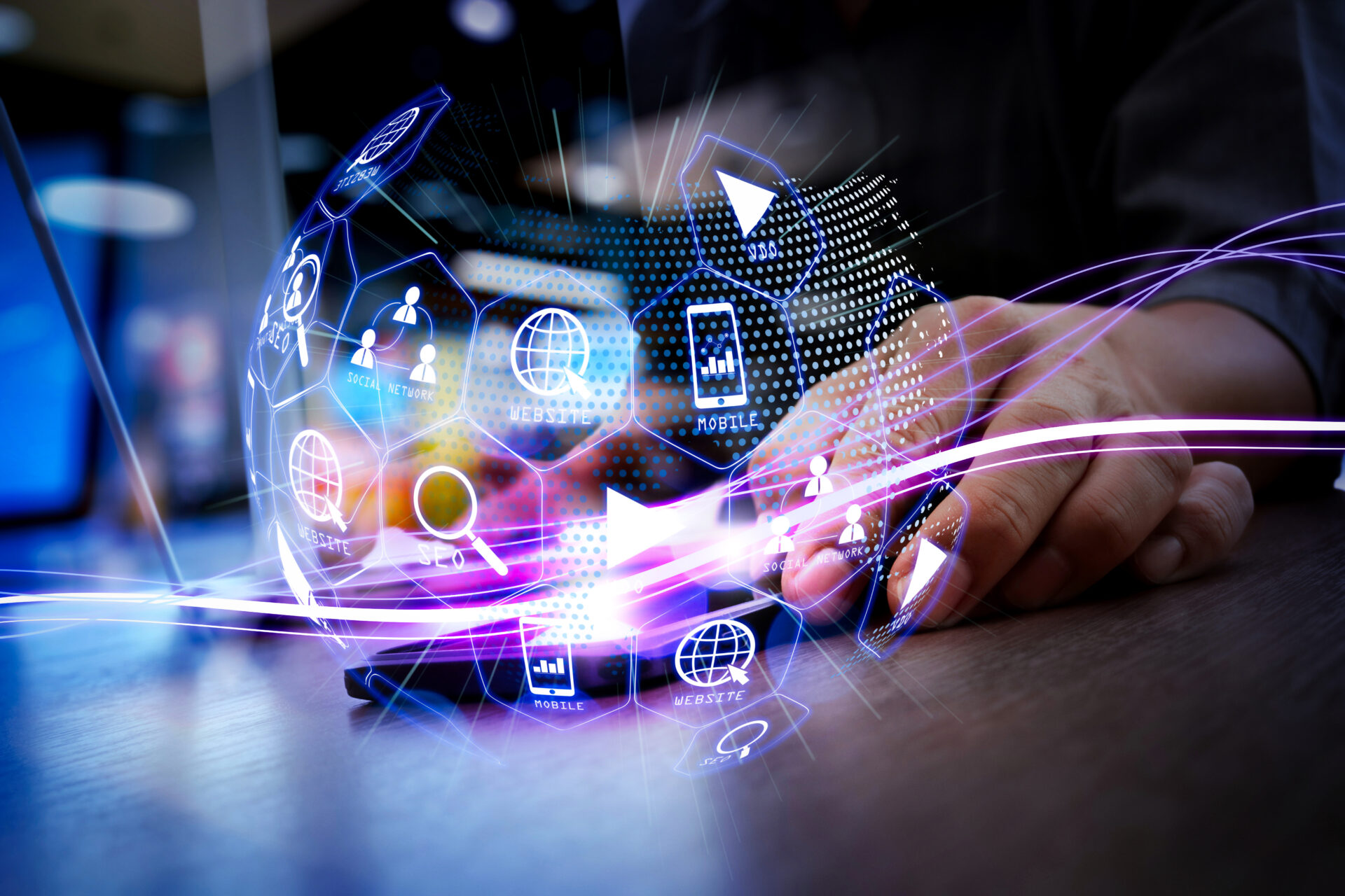 IELTS Media and Advertising digital marketing concept with SEO, social network, mobile advertising, and website icons glowing in a futuristic tech sphere.