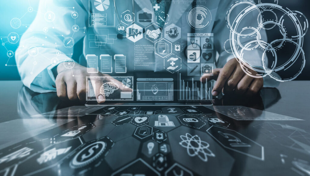 Doctor using futuristic digital interface with medical and science innovation icons, representing healthcare technology and IELTS Science and Innovation theme.