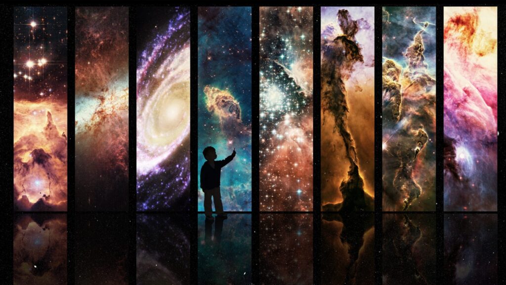 IELTS Space and Exploration – investment in space, benefits for science and daily life shown through galaxies, nebulae, and a child pointing at the stars