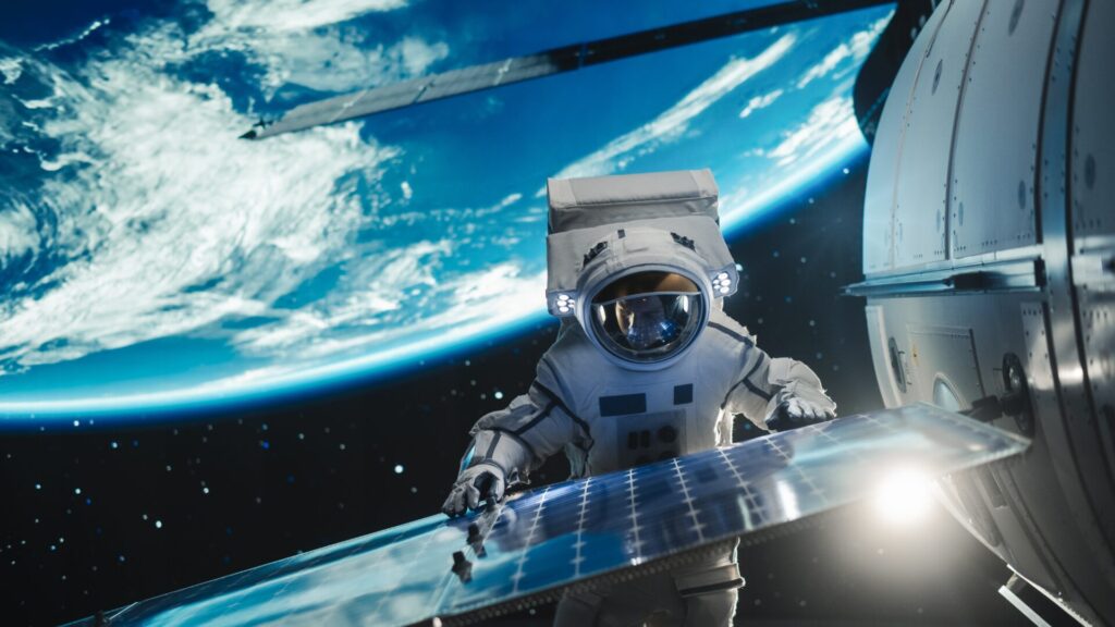 Astronaut repairing solar panels on a spacecraft with Earth visible in the background