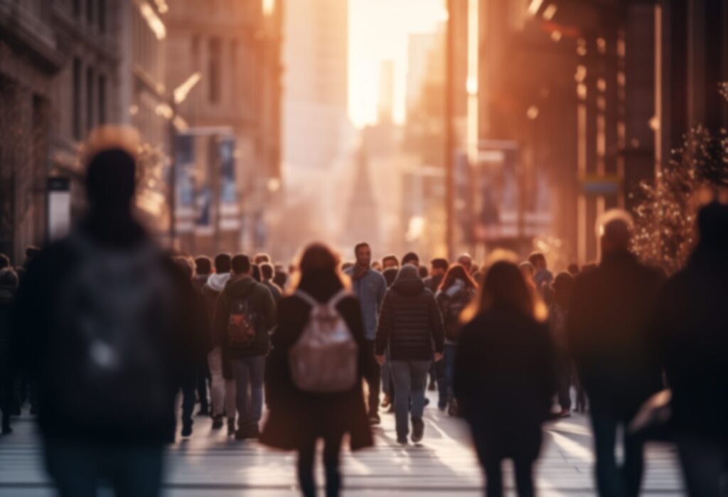 Crowds walking through a busy city street at sunset, illustrating IELTS Urbanisation and Cities themes for exam preparation in Thailand 2025.
