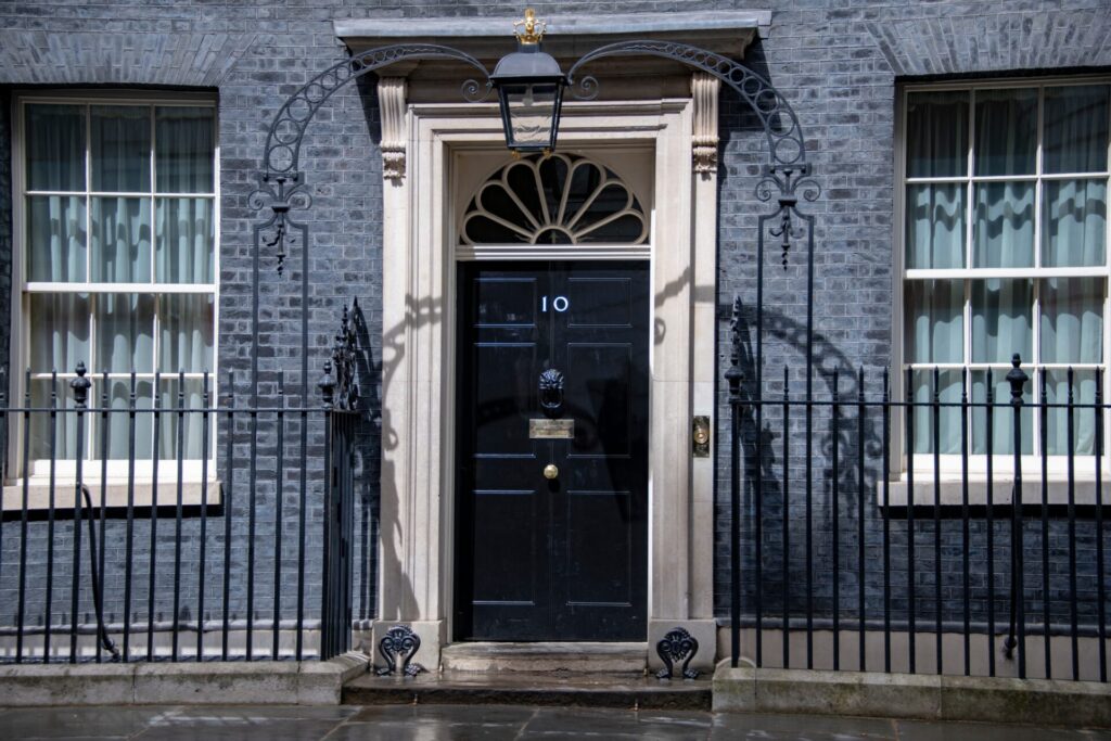 10 Downing Street in London, the UK Prime Minister’s residence, symbol of leadership and power, connected to IELTS Politics and Government themes.