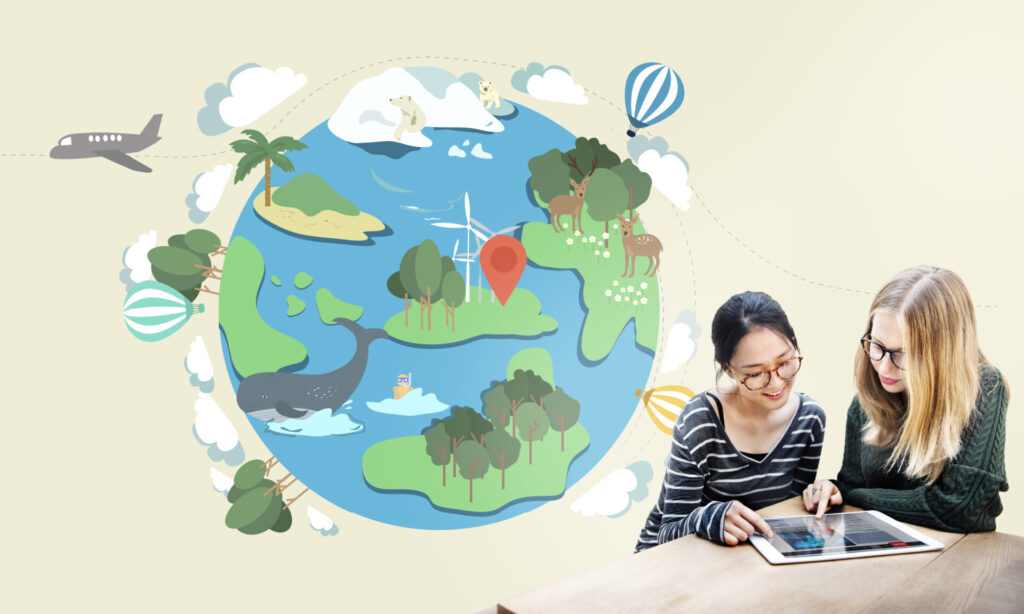 Two students studying IELTS Globalisation and Culture on a tablet, with an illustration of the world map, travel, and cultural diversity in the background.